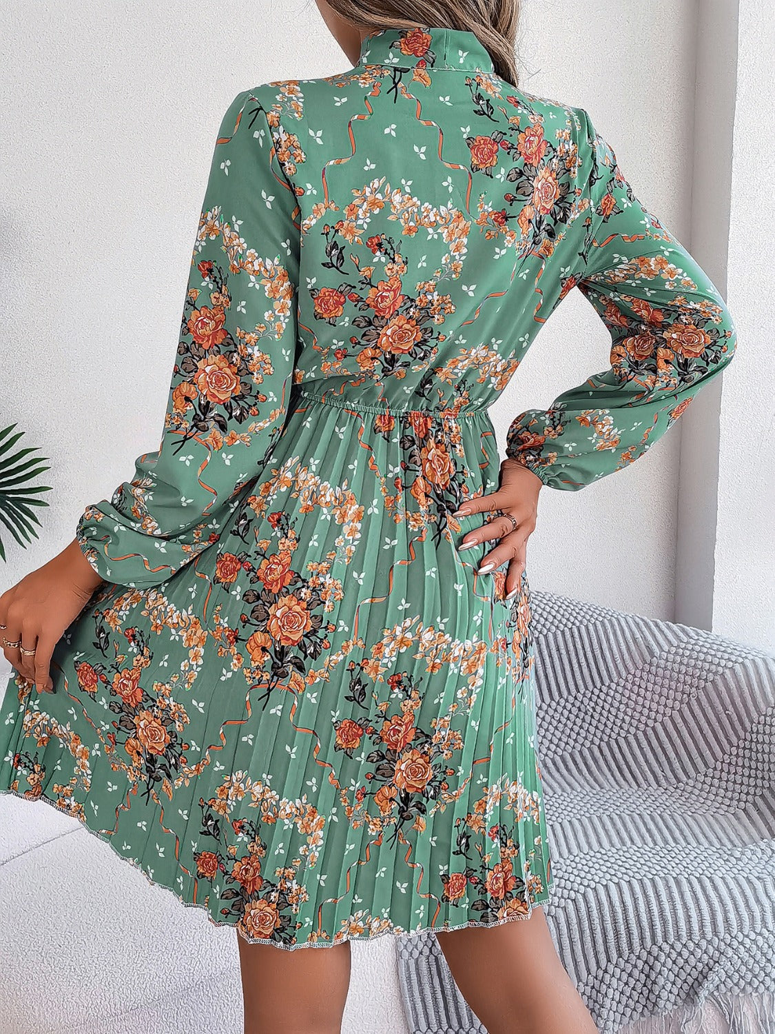 Pleated Printed Tie Neck Long Sleeve Dress | Casual Mini A-Line Floral Dress