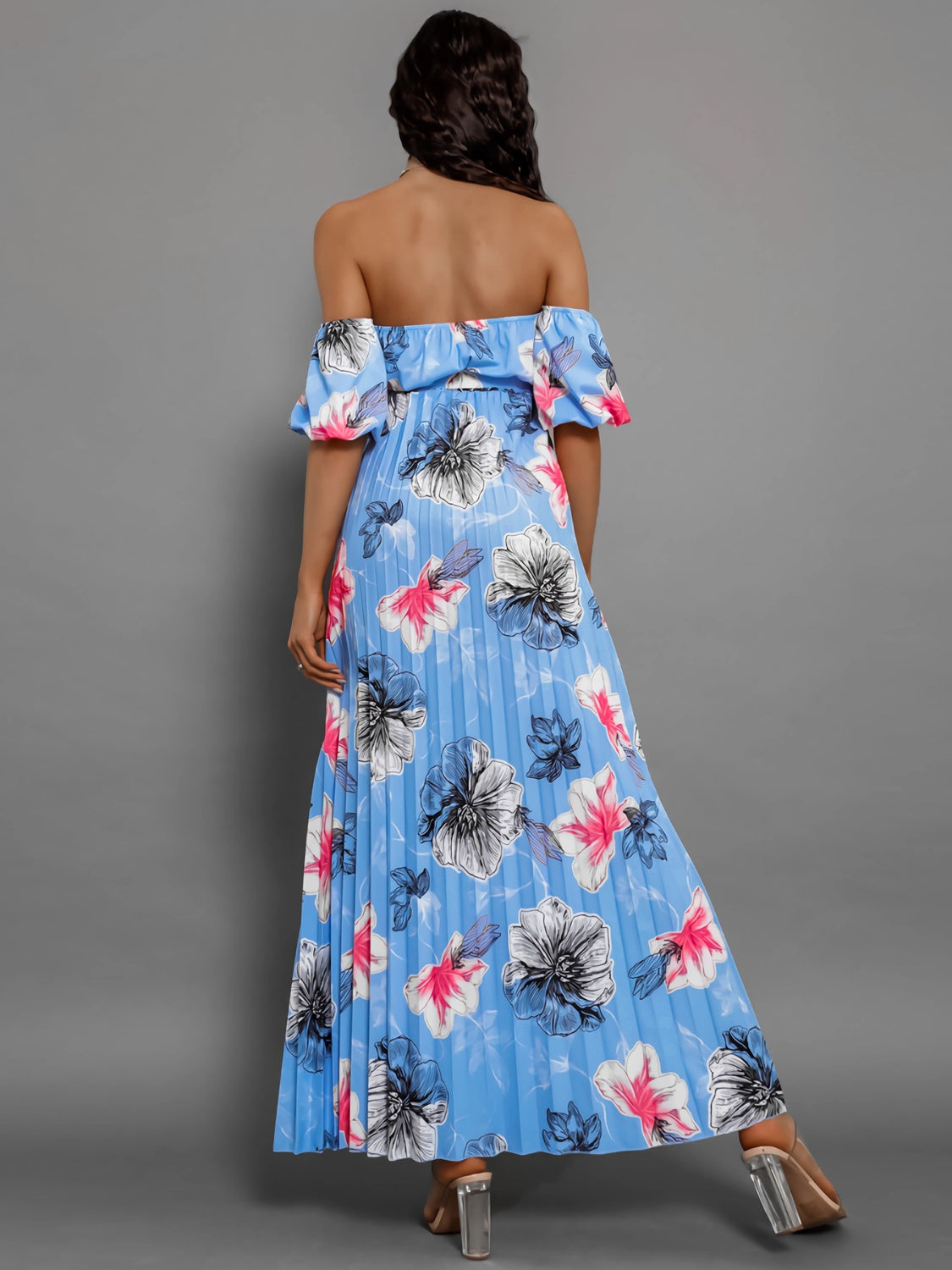 Pleated Floral Off-Shoulder Short Sleeve Midi Dress | A-Line Pleated Dress