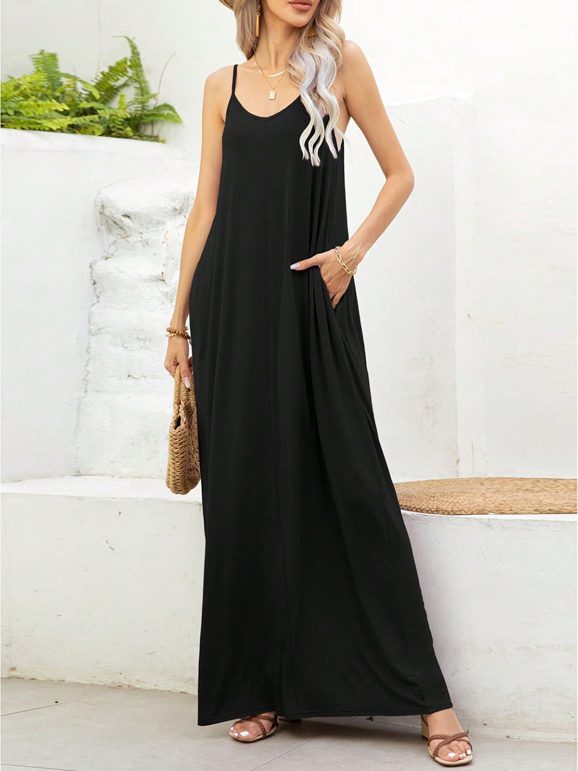 V-Neck Maxi Cami Dress with Pockets | Casual Solid Strapped Viscose Dress