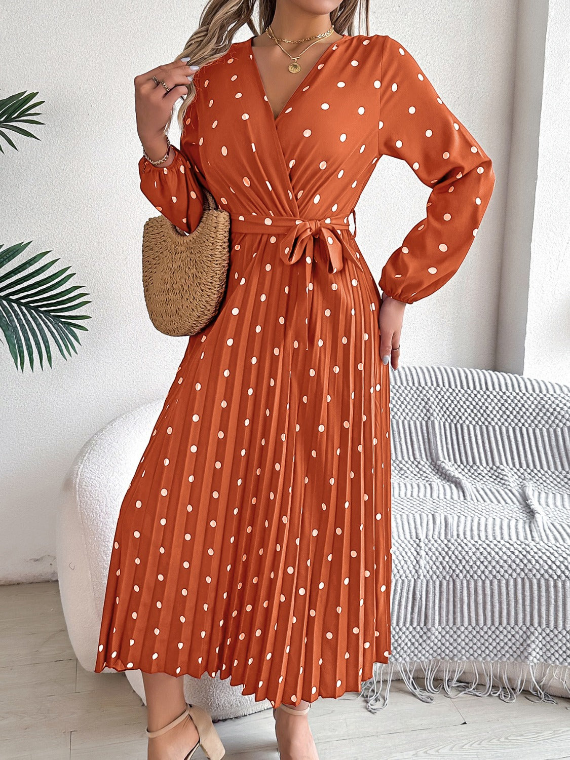 Tied Polka Dot Long Sleeve Midi Dress | Casual A-Line polyester Pleated Dress