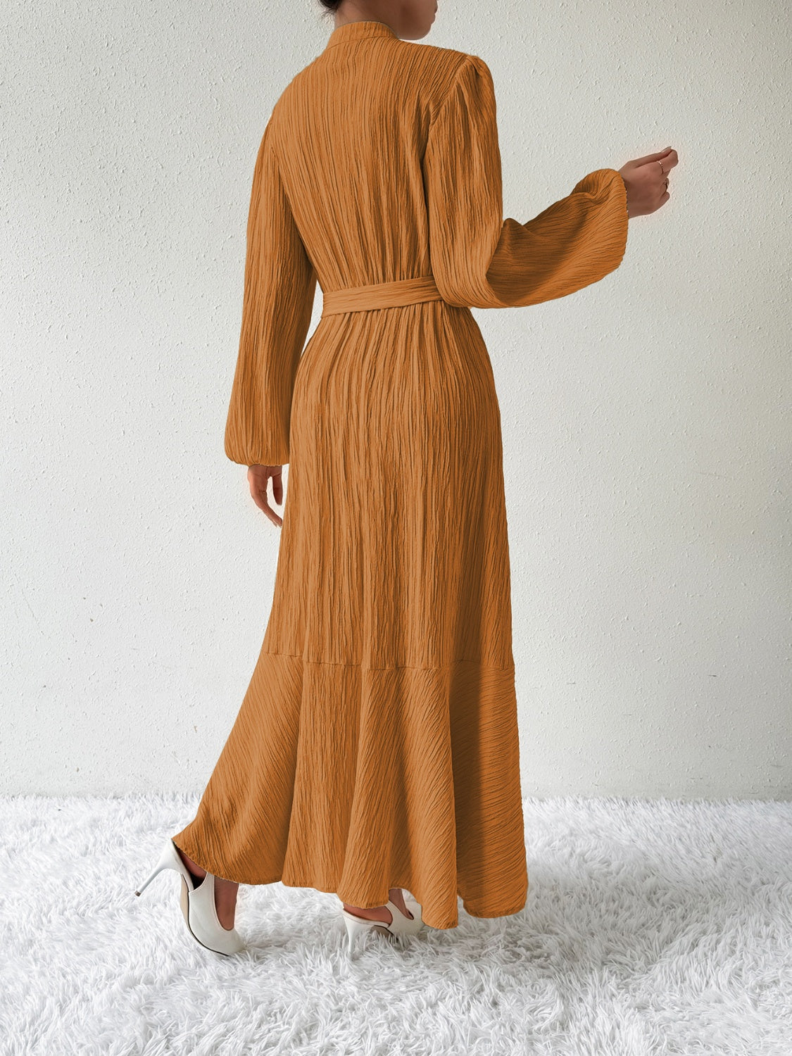 Tie Waist Long Sleeve Dress | A-Line Maxi Solid Buttoned Textured Dress