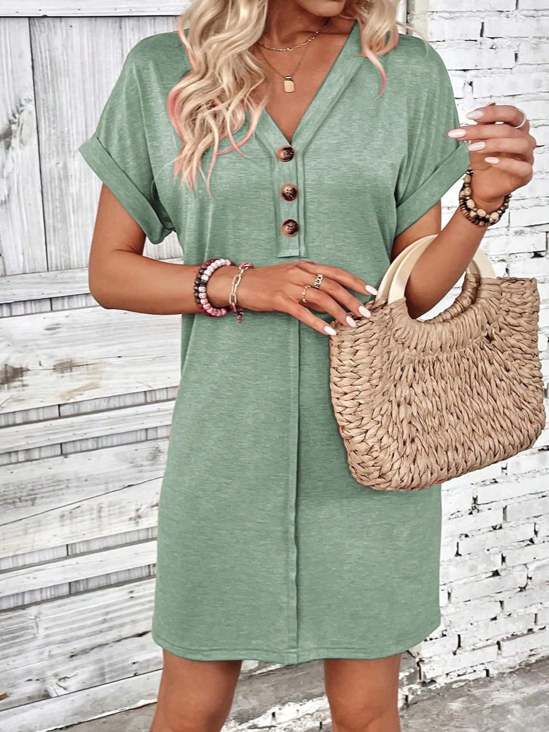 Quarter Button V-Neck Short Sleeve Dress | Casual Mini Solid Polyester Dress