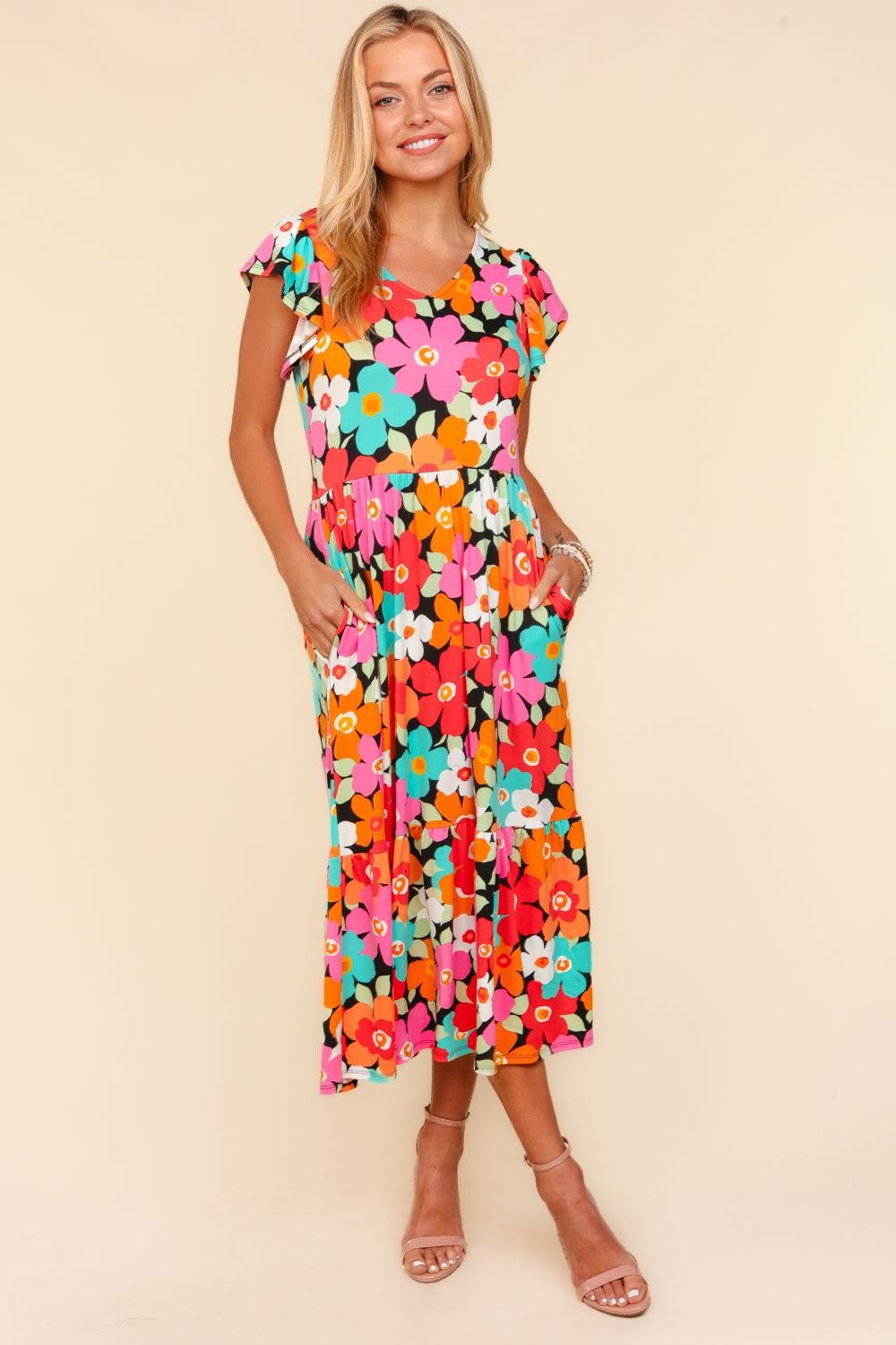 Haptics Floral Midi Dress with Side Pockets | Casual A-Line Ruched Dress