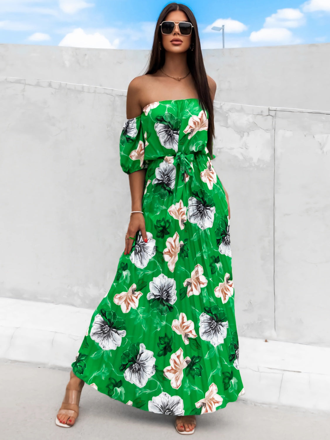 Pleated Floral Off-Shoulder Short Sleeve Midi Dress | A-Line Pleated Dress