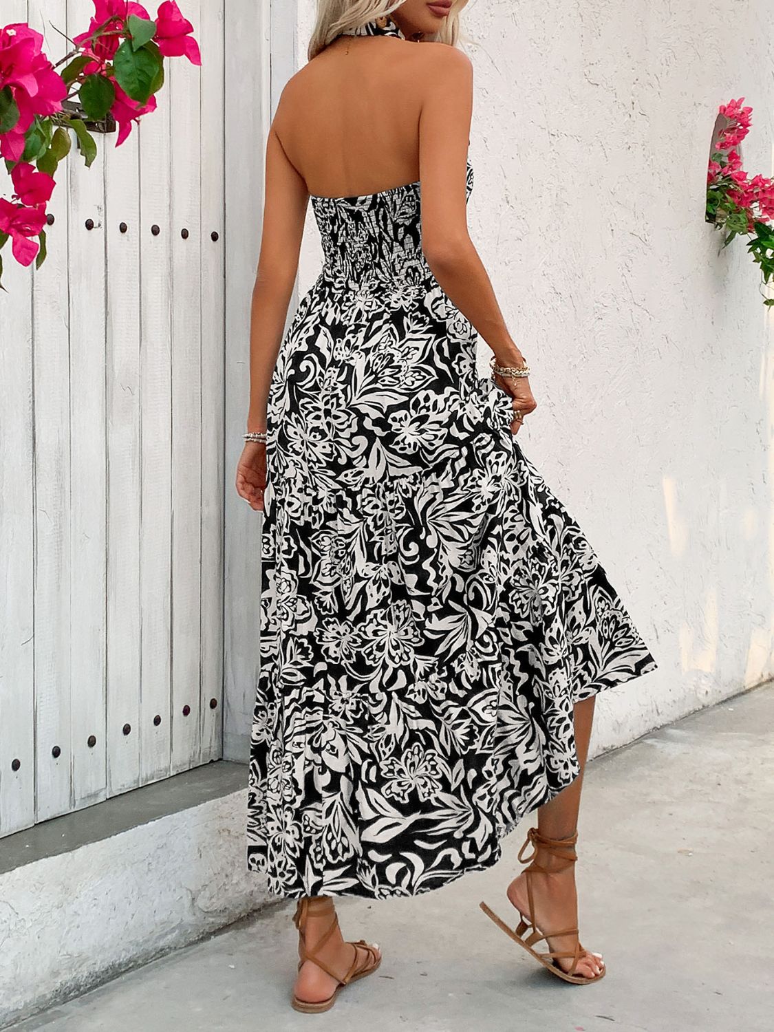 Backless Smocked Printed Sleeveless Midi Dress | Floral A-Line Halter Neck Dress