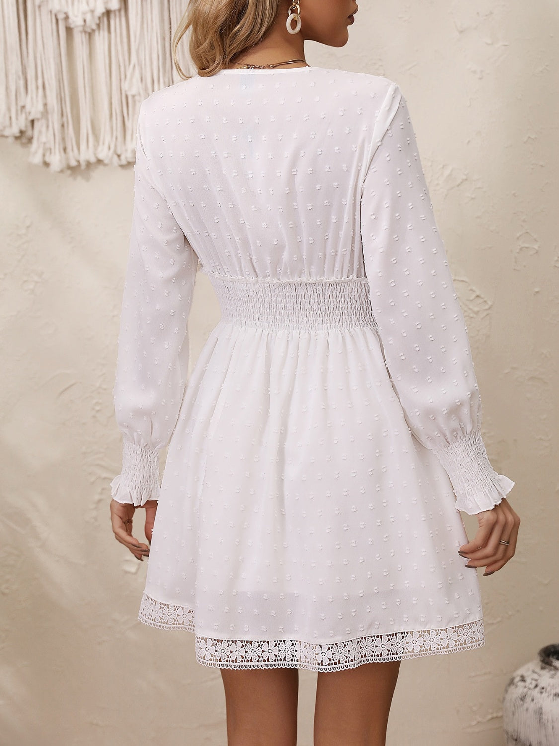 Lace Detail V-Neck Long Sleeve Dress | A-Line Mini Solid Dress W/ Smocked Details