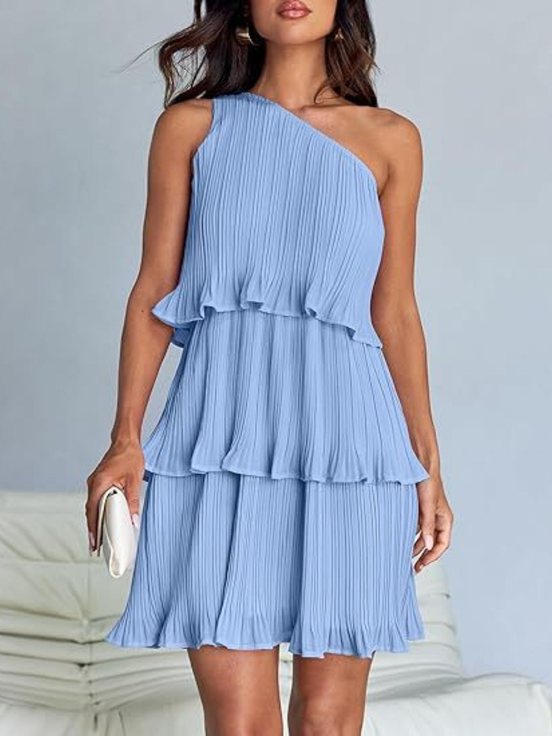 Layered Single Shoulder Mini Dress | Mini Sleeveless Dress W/ Asymmetrical neck