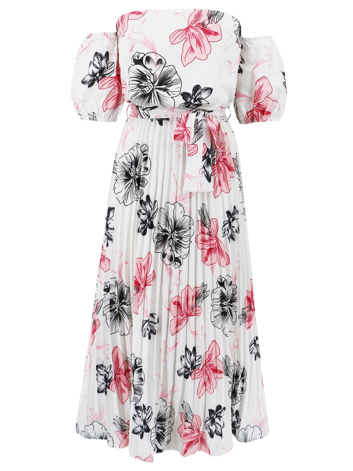 Pleated Floral Off-Shoulder Short Sleeve Midi Dress | A-Line Pleated Dress