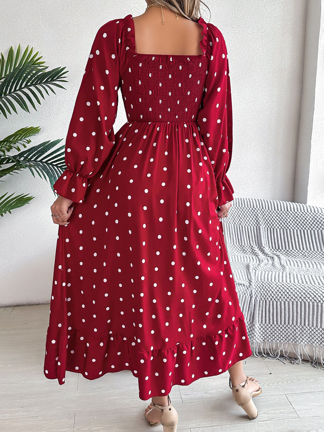 Polka Dot Flounce Sleeve Midi Dress | A-Line Polyester Ruffled Smocked Dress