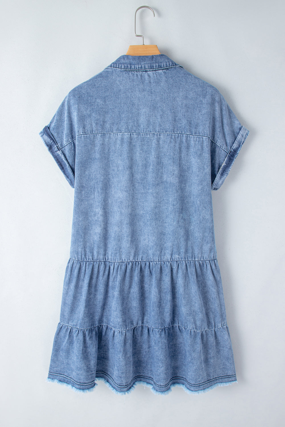 Raw Hem Collared Neck Short Sleeve Denim Dress | Casual A-Line Cotton Dress