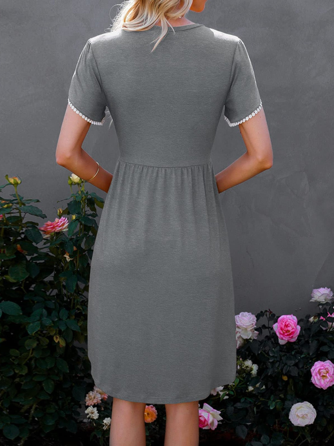 Round Neck Petal Sleeve Dress | Casual A-line Cotton Solid Dress W/ Round Hem