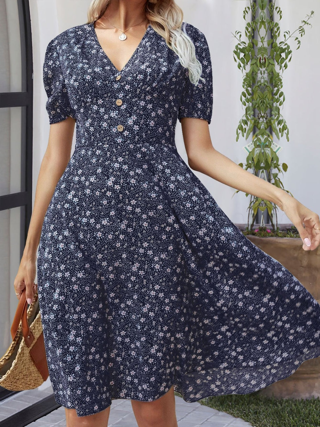 Printed V-Neck Short Sleeve Dress | A-Line Buttoned Floral Printed Dress