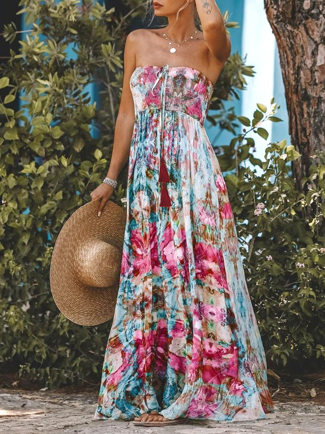 Smocked Printed Sleeveless Maxi Dress | Casual Strapless A-Line Polyester Dress