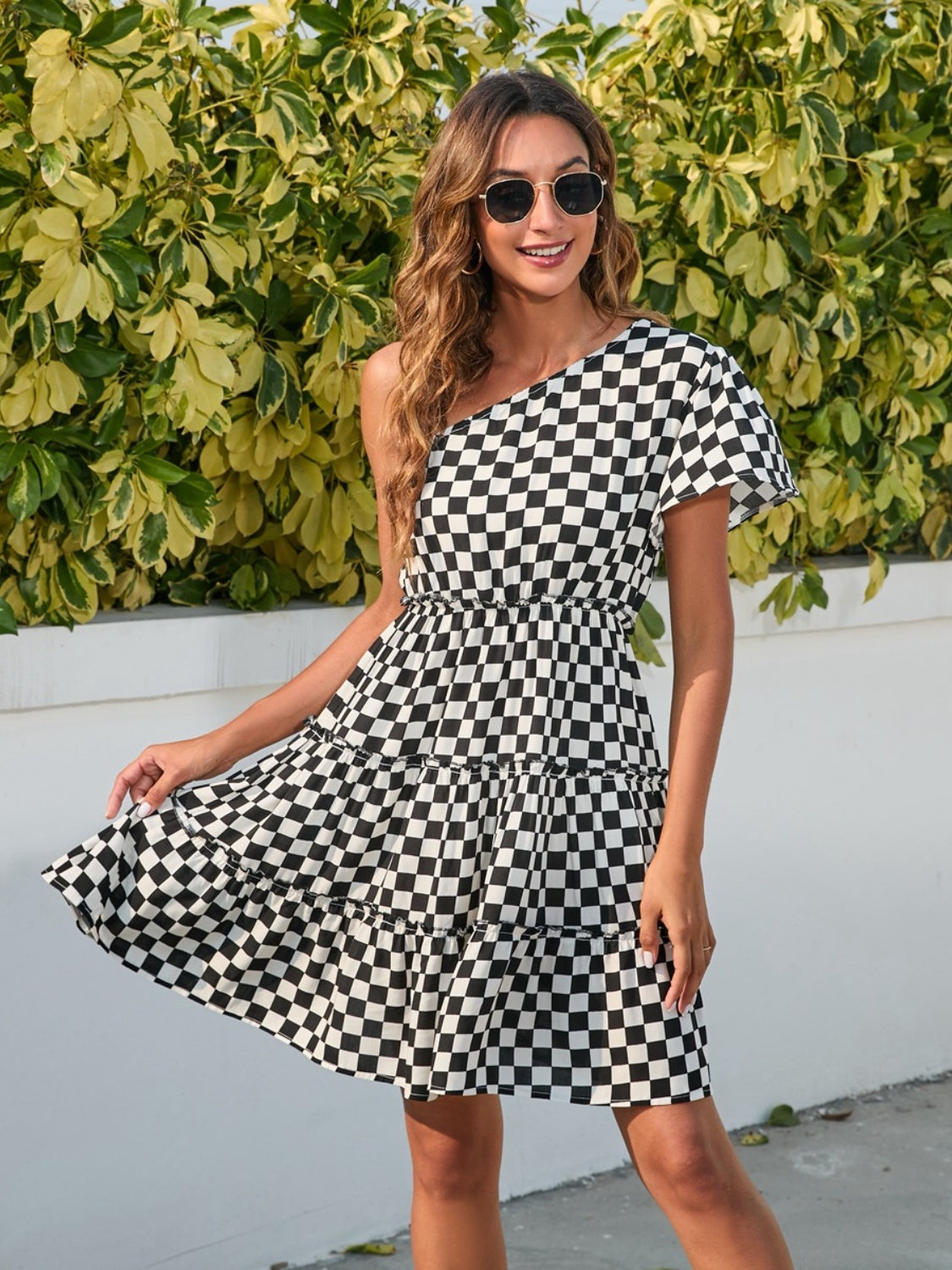 Checkered Single Shoulder Mini Dress | Casual Polyester A-Line Elegant Dress