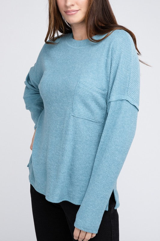 Ribbed Brushed Melange Hacci Sweater with a Pocket | Oversized Casual Sweater