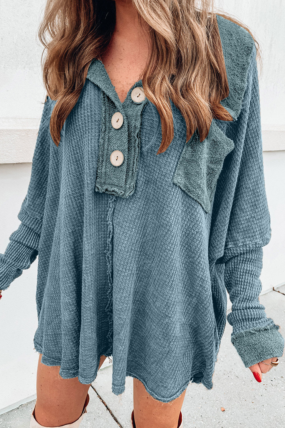 Waffle Knit Buttoned Long Sleeve Top with Breast Pocket | Top With Wide Collar