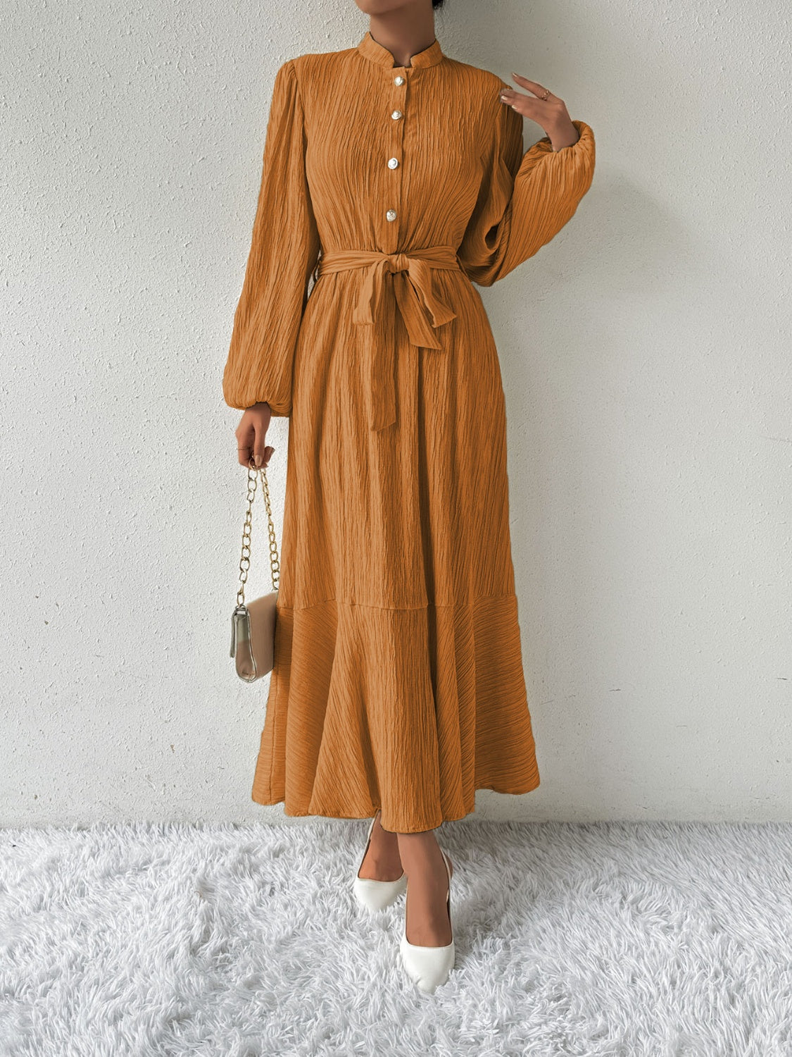 Tie Waist Long Sleeve Dress | A-Line Maxi Solid Buttoned Textured Dress