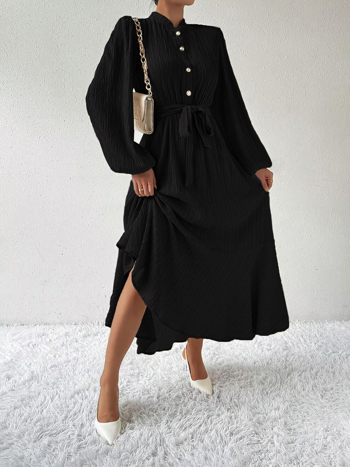 Tie Waist Long Sleeve Dress | A-Line Maxi Solid Buttoned Textured Dress