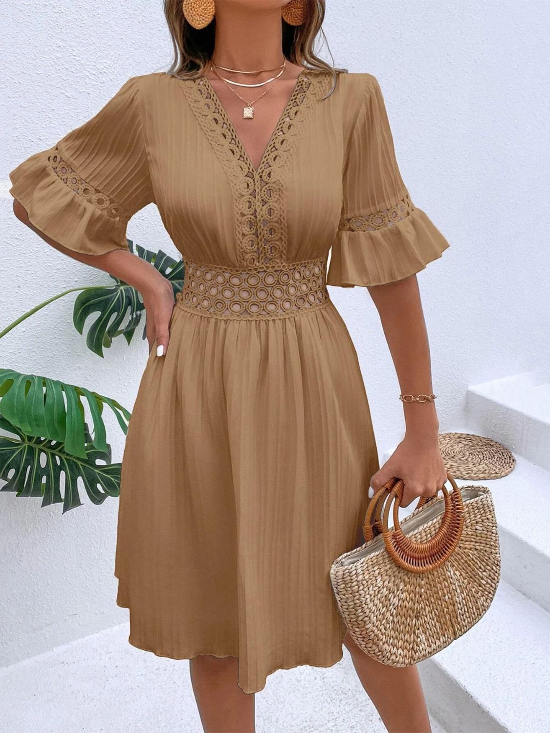 Cutout V-Neck Flounce Sleeve Mini Dress | Casual A-Line Ruffled Polyester Dress