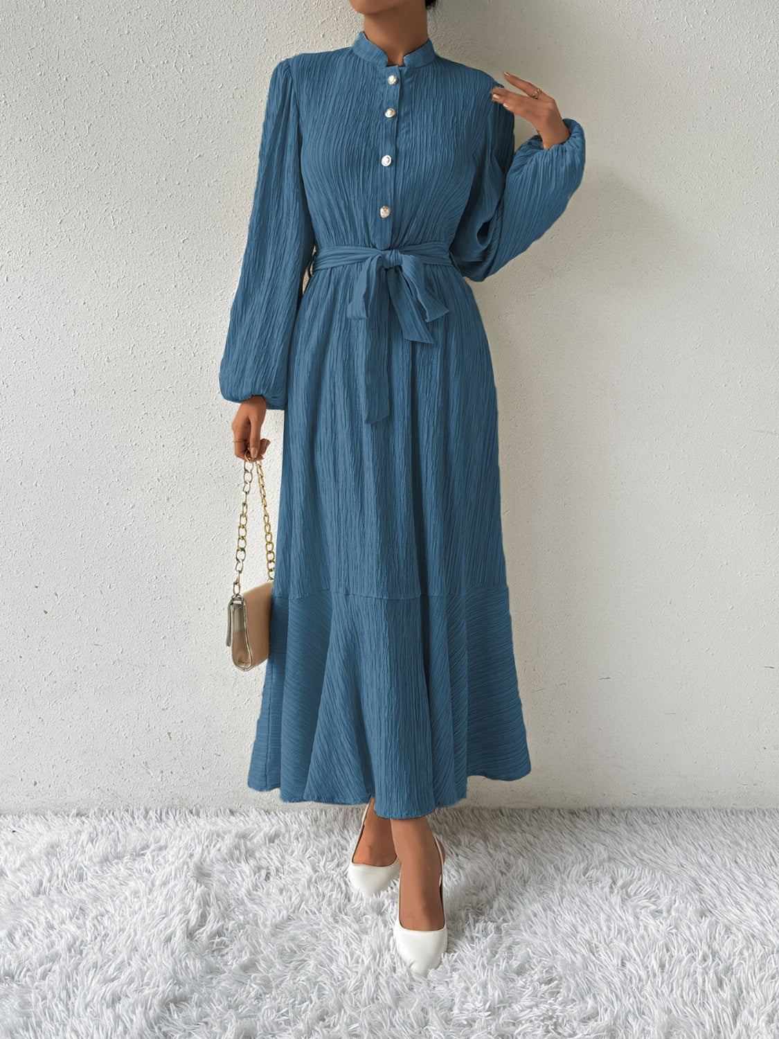 Tie Waist Long Sleeve Dress | A-Line Maxi Solid Buttoned Textured Dress