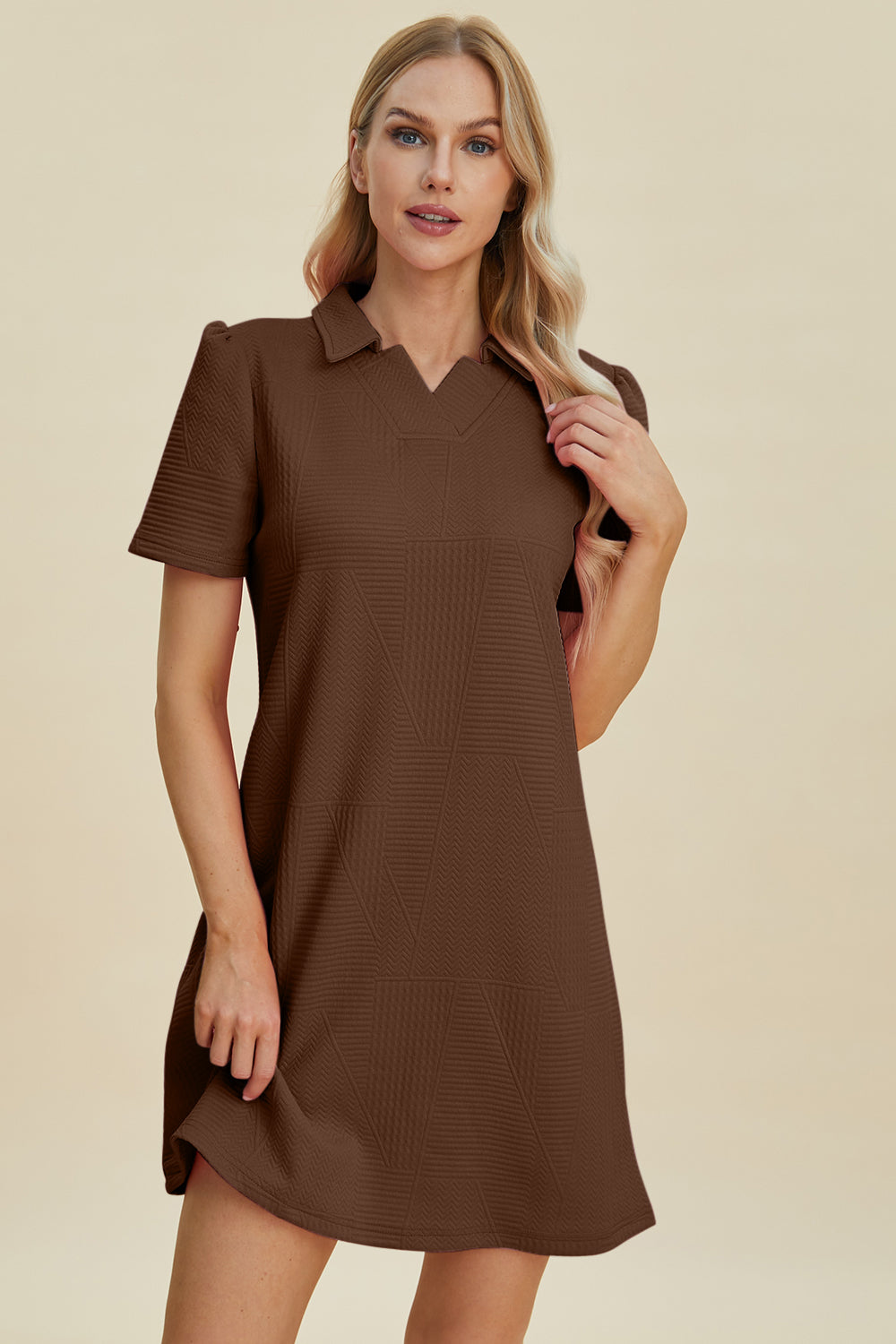 Double Take Full Size Texture Short Sleeve Dress | Casual Mini Collar Neck Dress