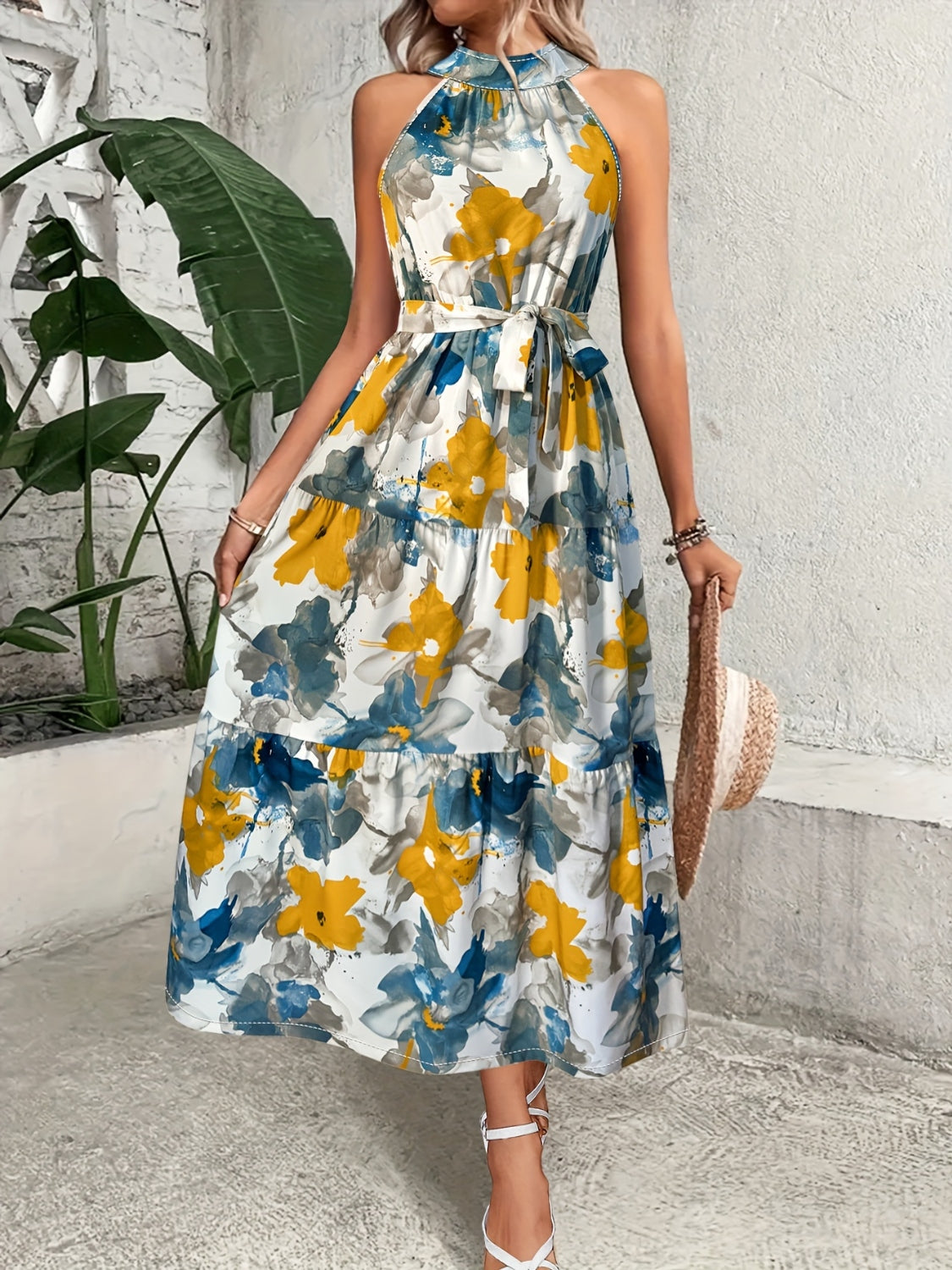 Tiered Printed Mock Neck Sleeveless Dress | A-line Floral Tied Polyester Dress