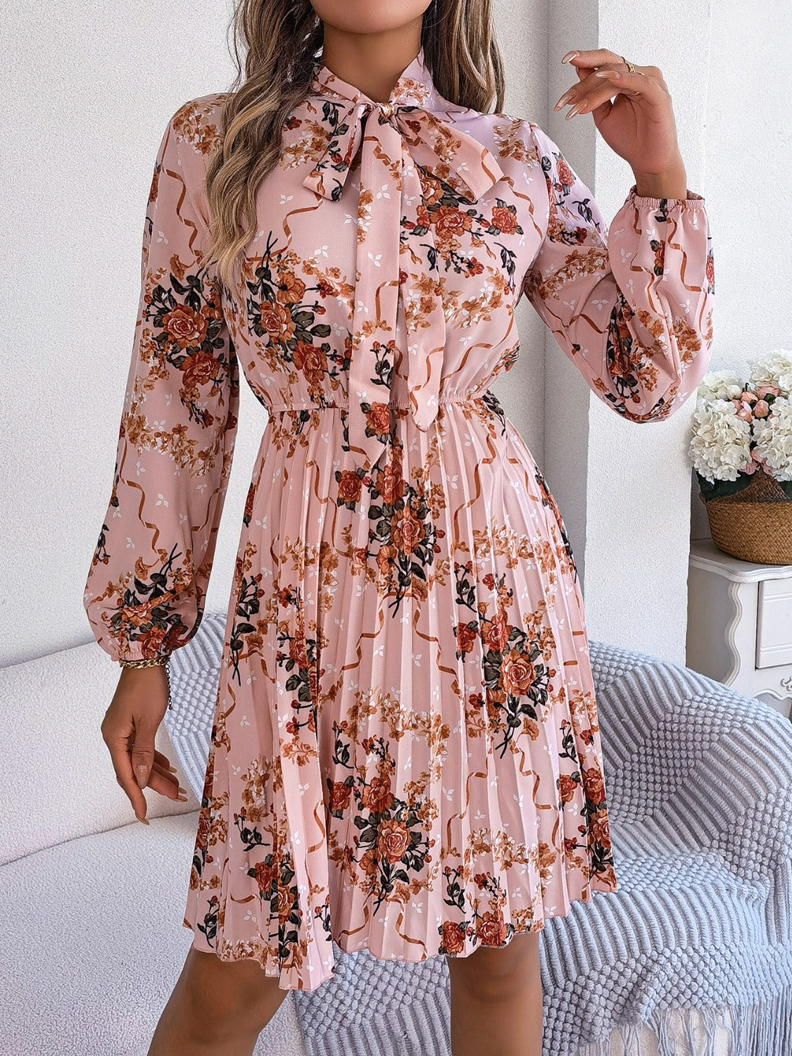 Pleated Printed Tie Neck Long Sleeve Dress | Casual Mini A-Line Floral Dress