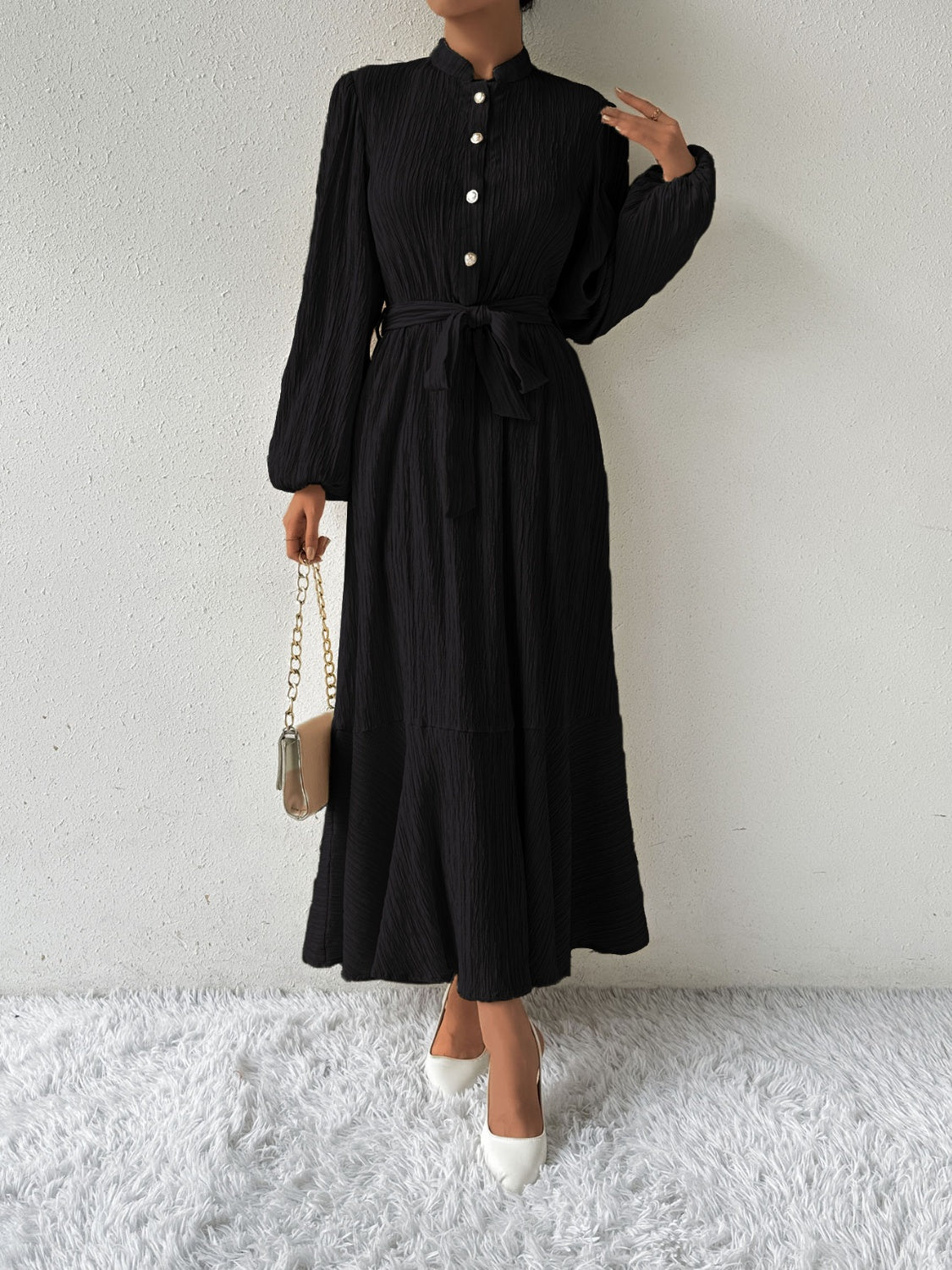 Tie Waist Long Sleeve Dress | A-Line Maxi Solid Buttoned Textured Dress