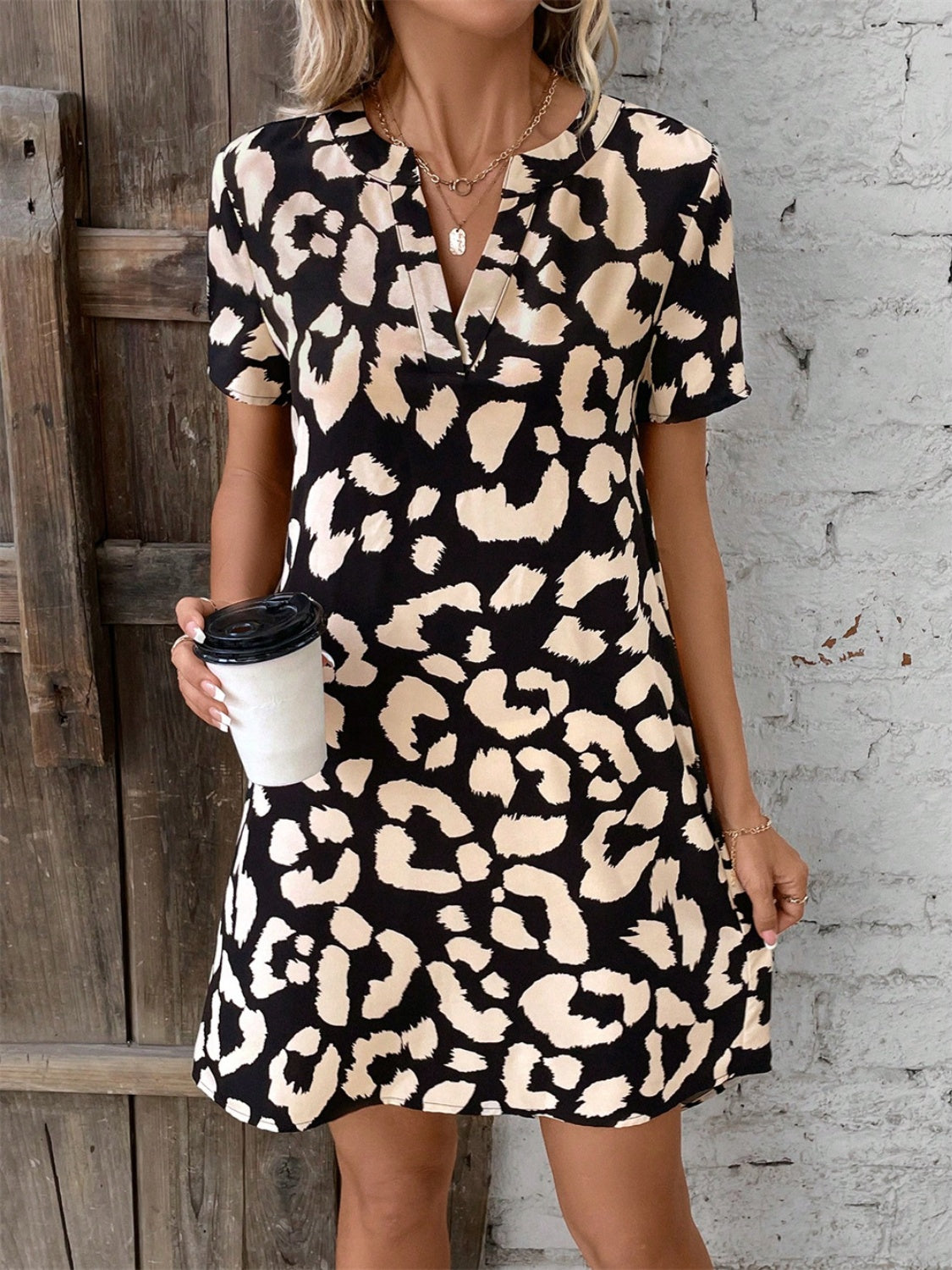 Printed Notched Short Sleeve Mini Dress | A-line Casual Polyester Dress