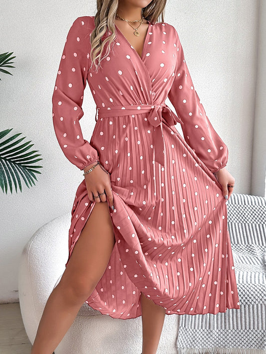 Tied Polka Dot Long Sleeve Midi Dress | Casual A-Line polyester Pleated Dress