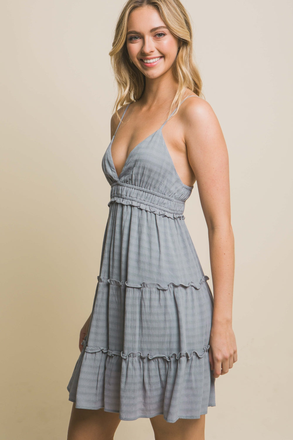 Love Tree Frill V-Neck Cami Dress | Casual Sleeveless Strapped Mini Ruched Dress