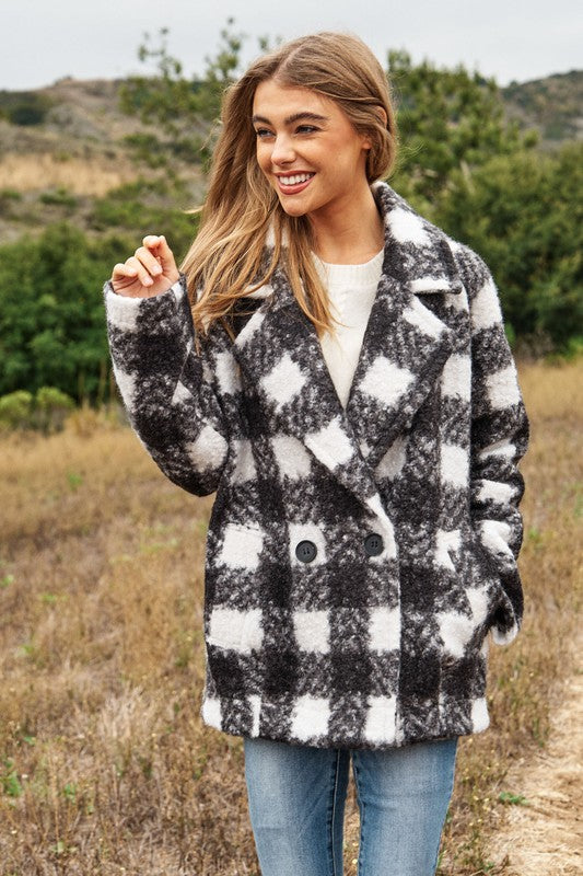 Fuzzy Boucle Textured Double Breasted Coat Jacket | Plaid Pocketed Jacket