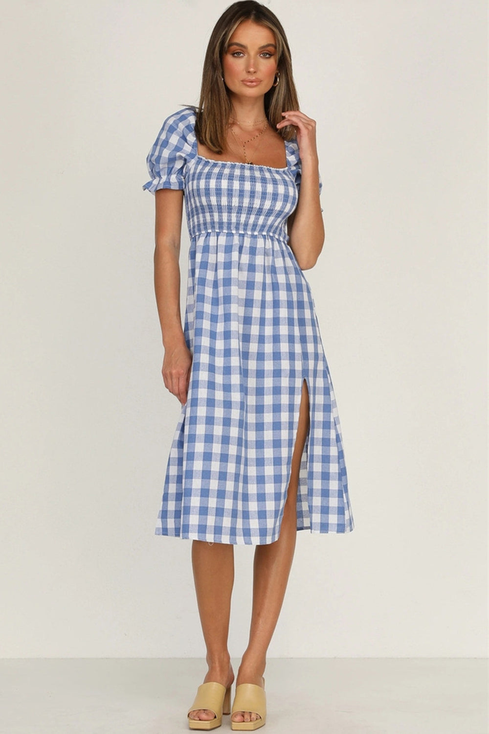 Full Size Slit Plaid Short Sleeve Midi Dress | A-Line Midi Smocked Dress