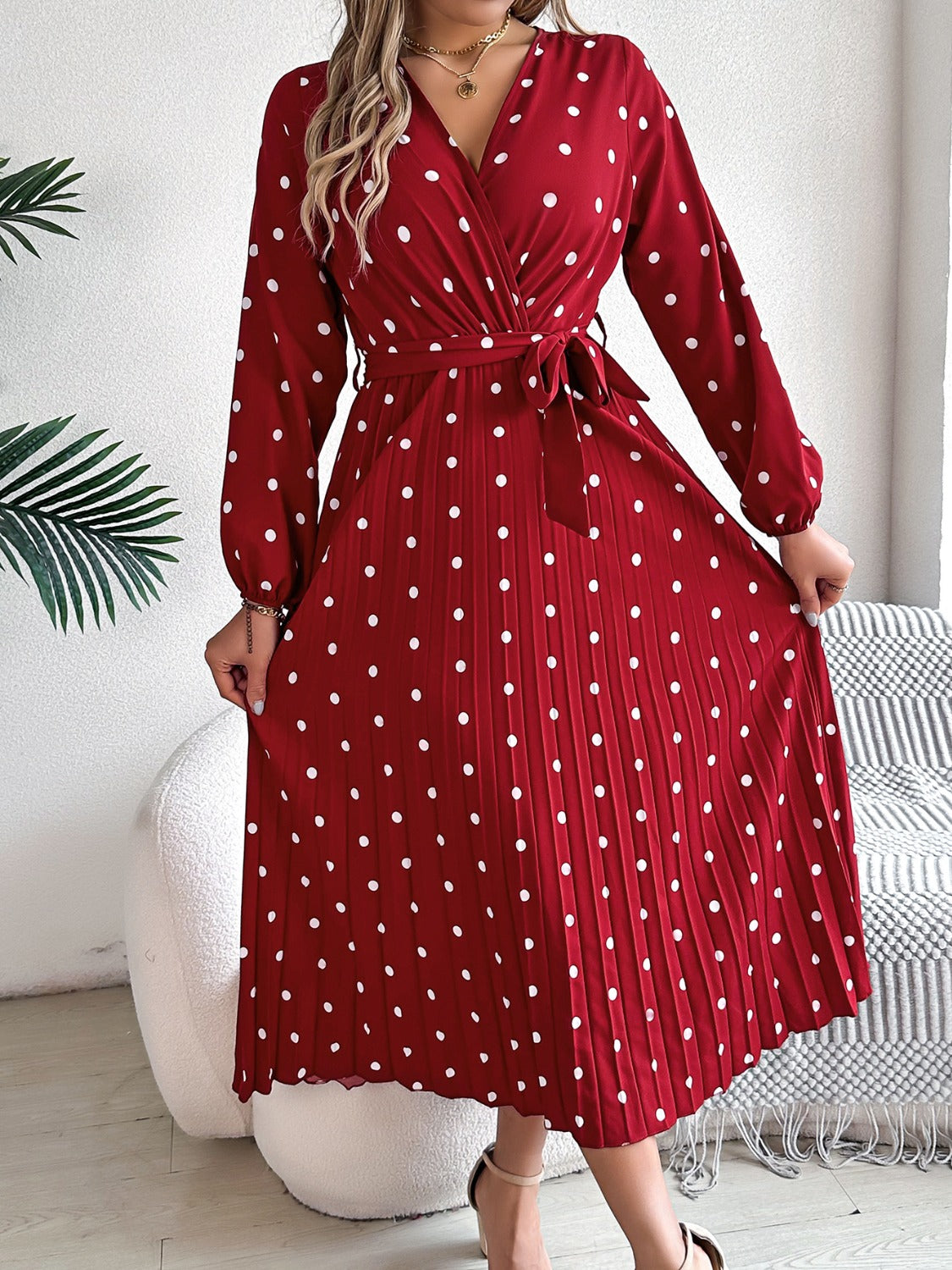 Tied Polka Dot Long Sleeve Midi Dress | Casual A-Line polyester Pleated Dress