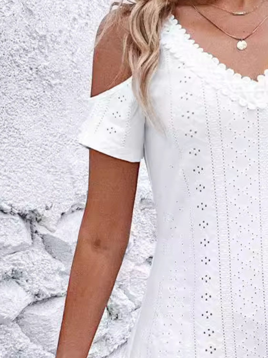 Eyelet V-Neck Cold Shoulder Mini Dress | Casual A-Line Stretchy Solid Dress