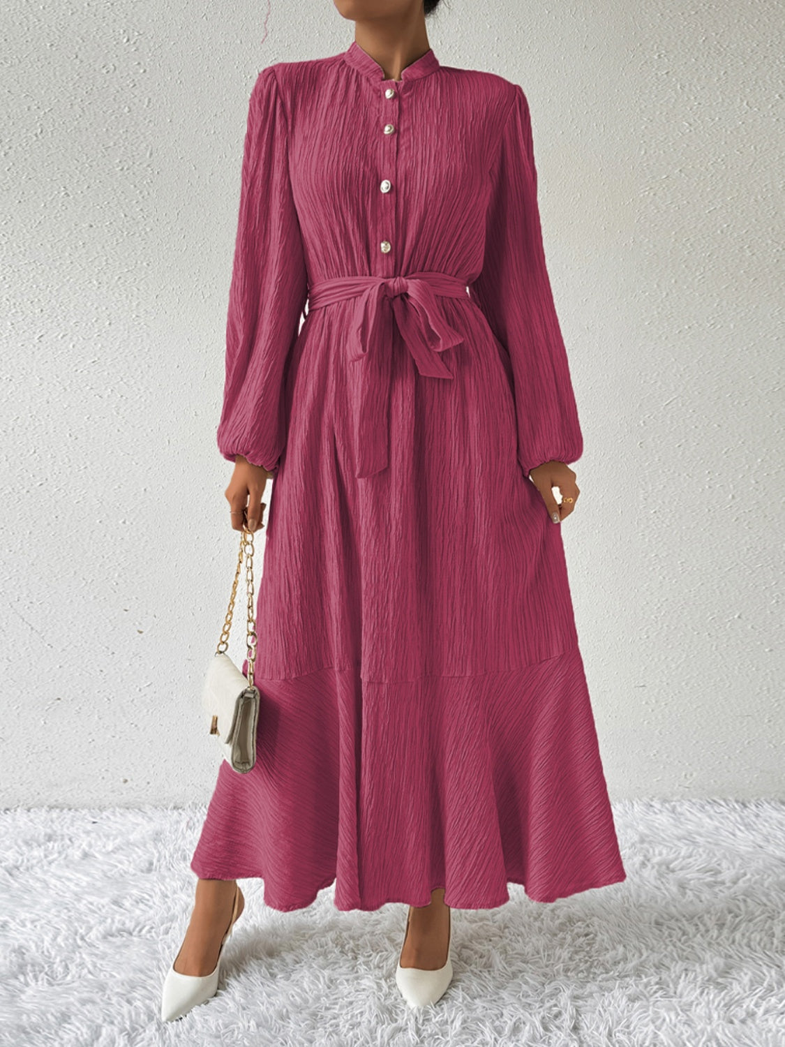 Tie Waist Long Sleeve Dress | A-Line Maxi Solid Buttoned Textured Dress