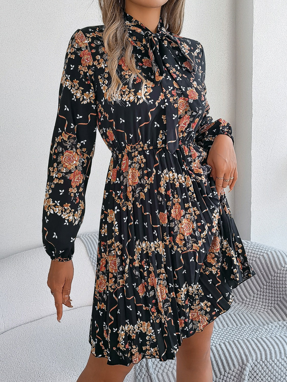 Pleated Printed Tie Neck Long Sleeve Dress | Casual Mini A-Line Floral Dress