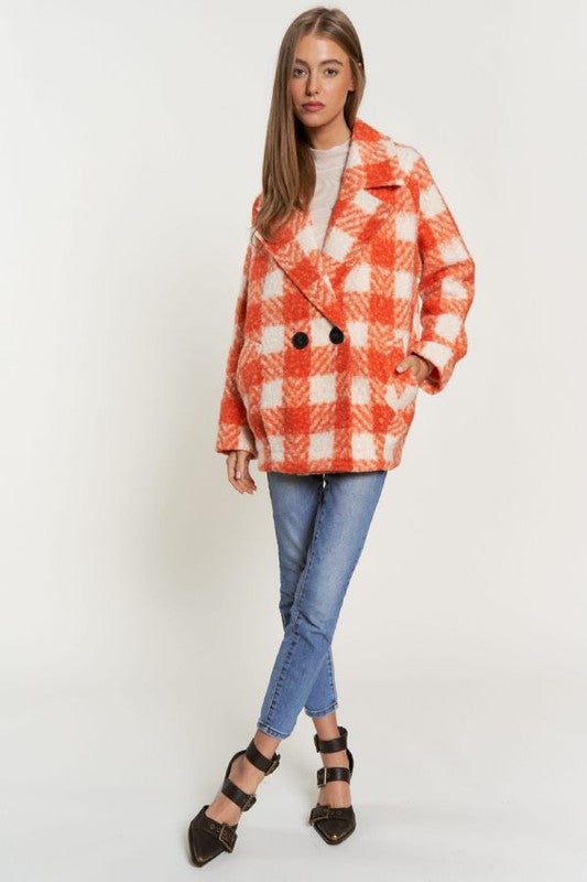 Fuzzy Boucle Textured Double Breasted Coat Jacket | Plaid Pocketed Jacket