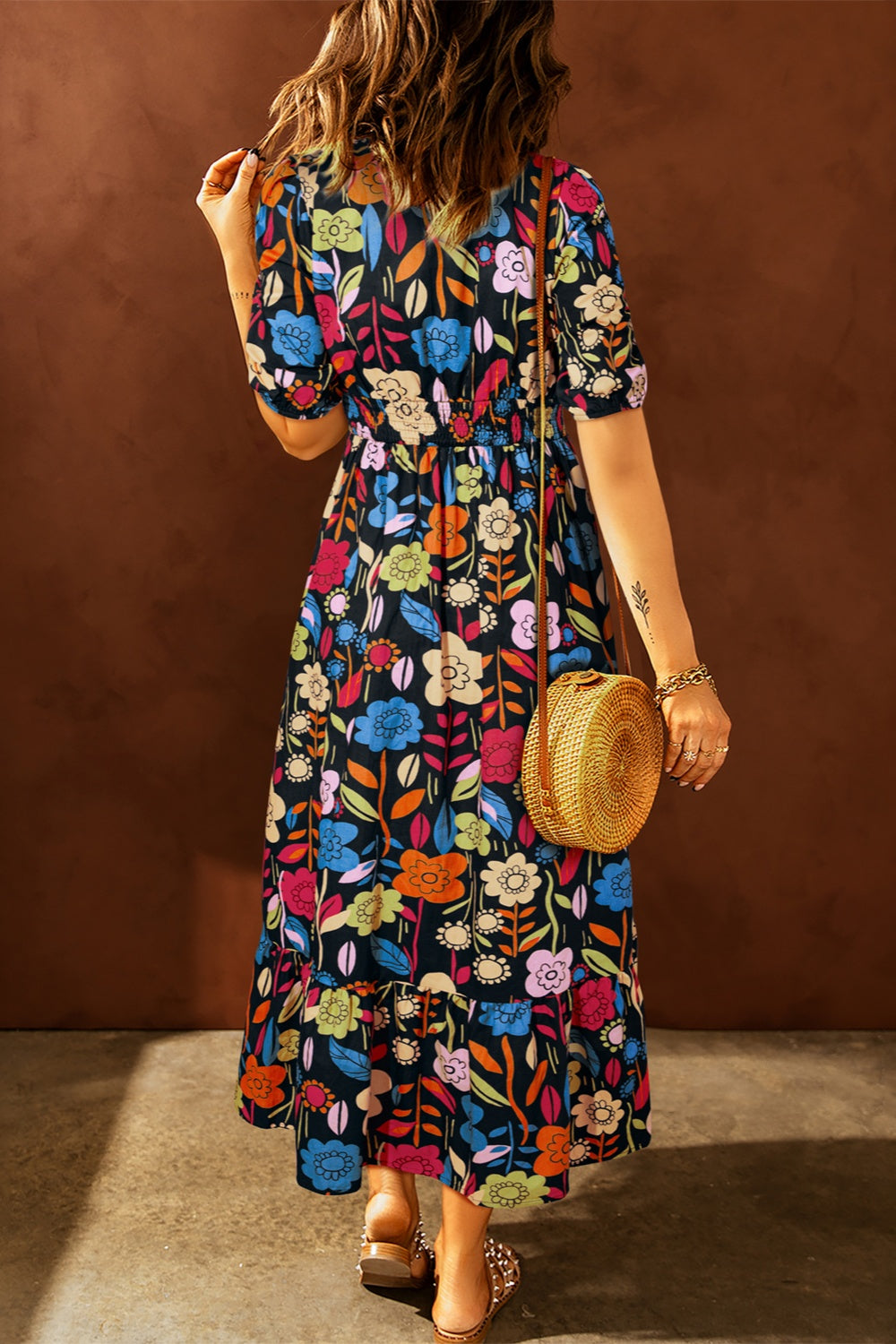 Printed V-Neck Half Sleeve Midi Dress | A-Line Long Cotton Floral Dress