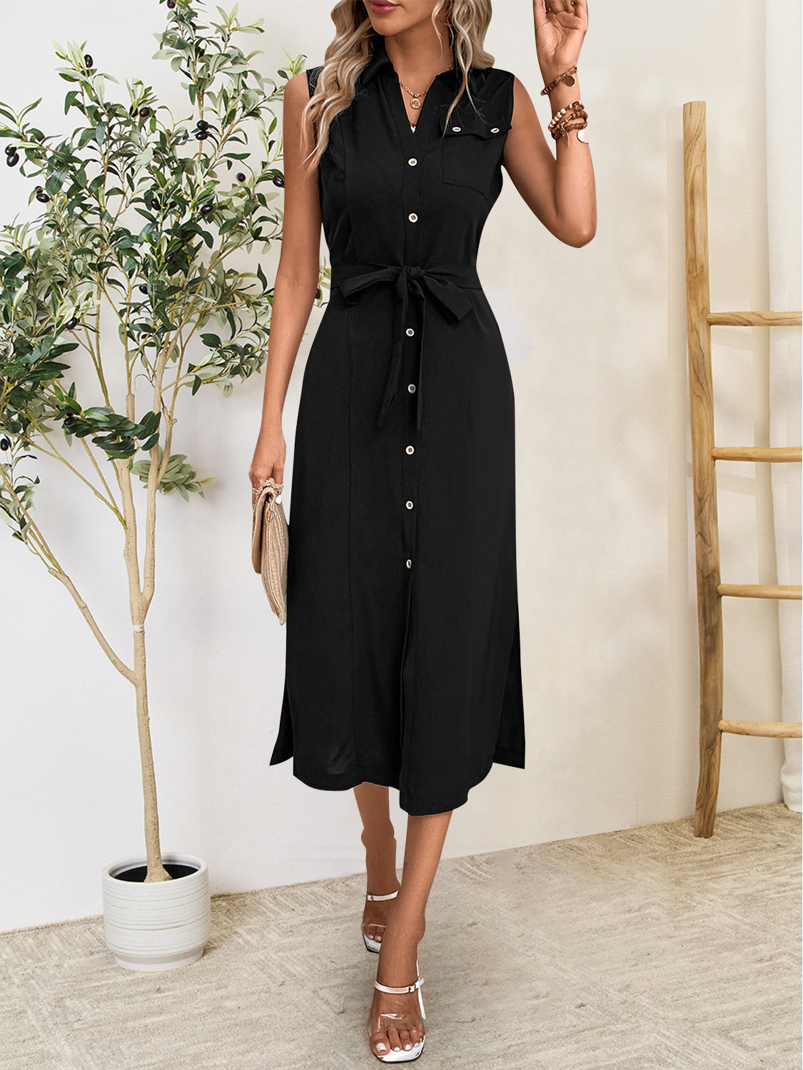 Button Up Sleeveless Midi Dress | Casual Sleeveless Tied Solid Viscose Dress