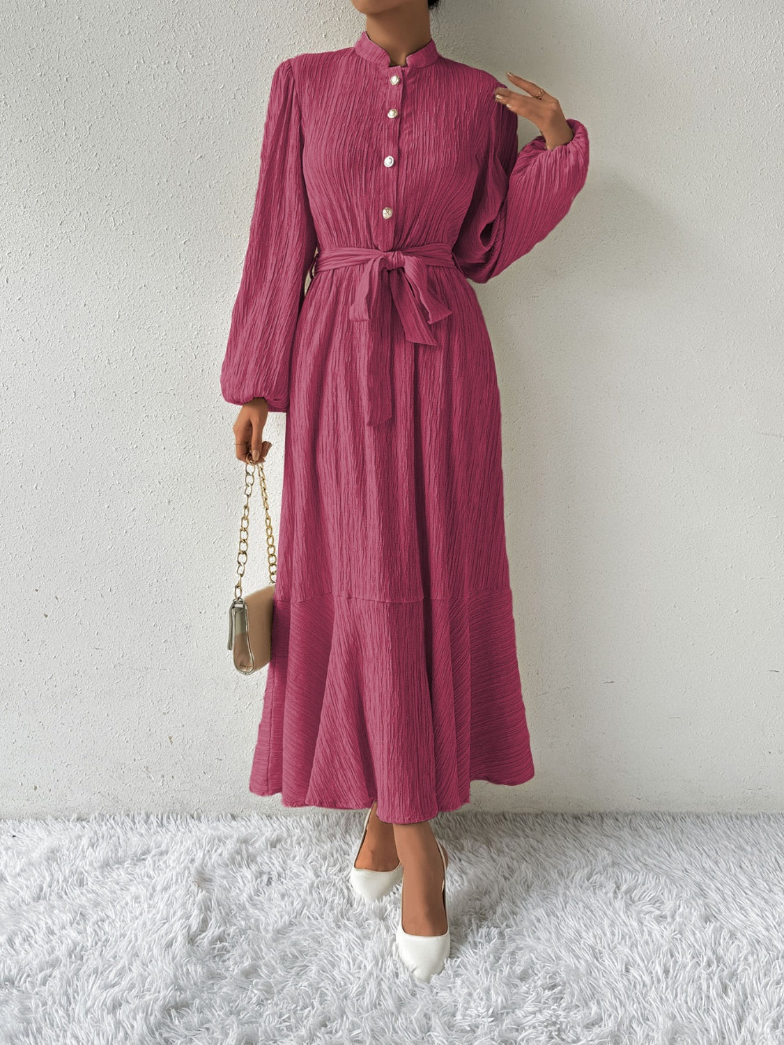 Tie Waist Long Sleeve Dress | A-Line Maxi Solid Buttoned Textured Dress