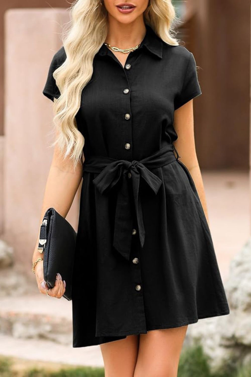 Tied Button Up Short Sleeve Dress | Mini A-Line Cotton Dress W/ Collar Neck