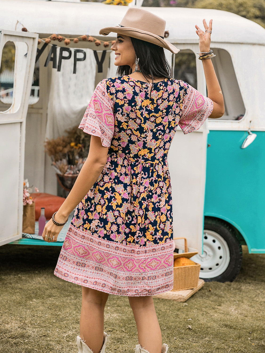 Printed V-Neck Short Sleeve Dress | Casual Mini A-line Bohemian Viscose Dress