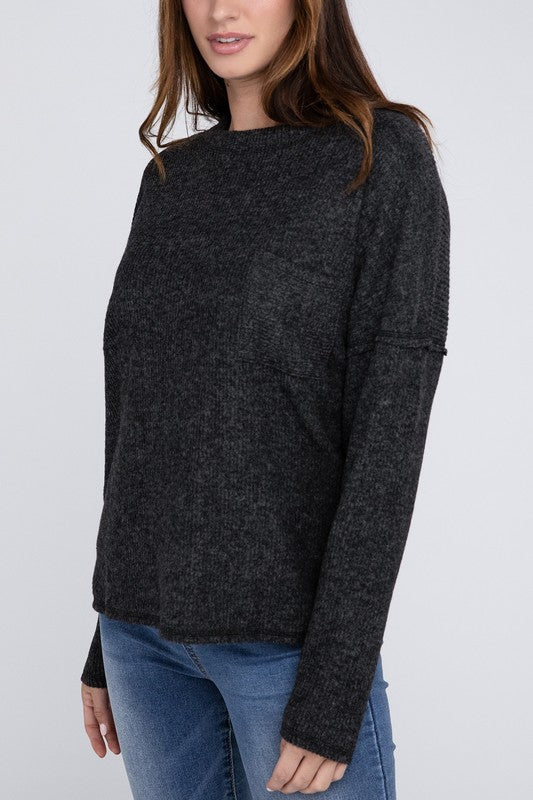 Ribbed Brushed Melange Hacci Sweater with a Pocket | Oversized Casual Sweater