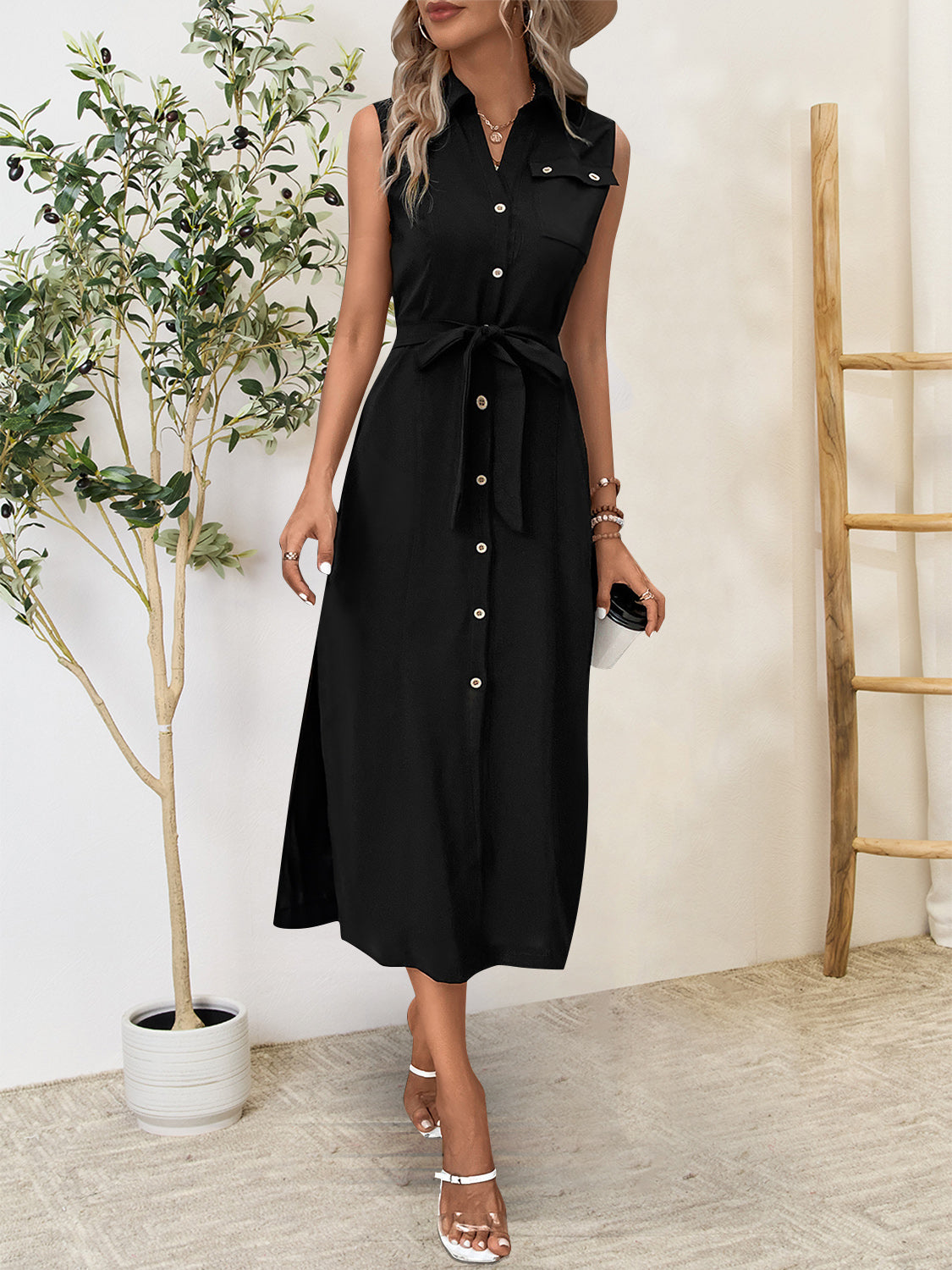 Button Up Sleeveless Midi Dress | Casual Sleeveless Tied Solid Viscose Dress