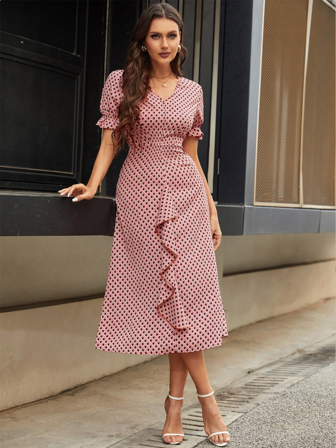 Printed V-Neck Flounce Sleeve Midi Dress | Casual polyester A-Line Dress