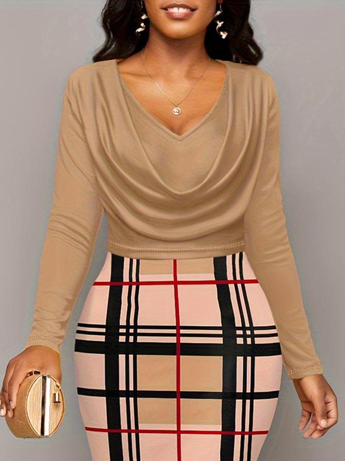 Plus Size Plaid Long Sleeve Mini Dress | Formal Polyester Dress W/ Cowl Neck