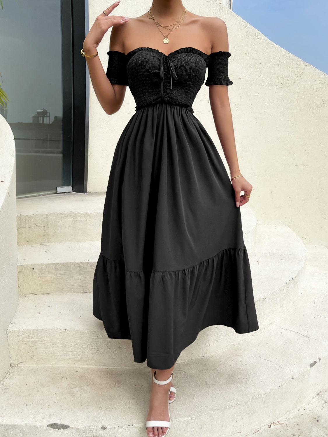 Off-Shoulder Short Sleeve Midi Dress | A-Line Strapless Dress W/ Sweetheart Neck