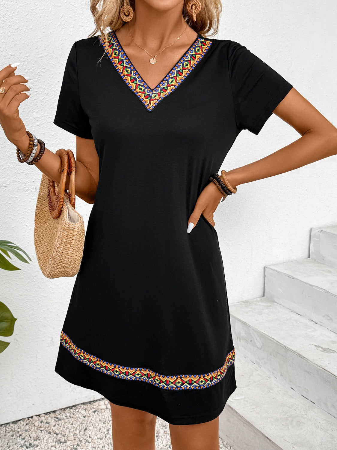 V-Neck Short Sleeve Mini Dress | Casual Black Polyester Stretchy Dress