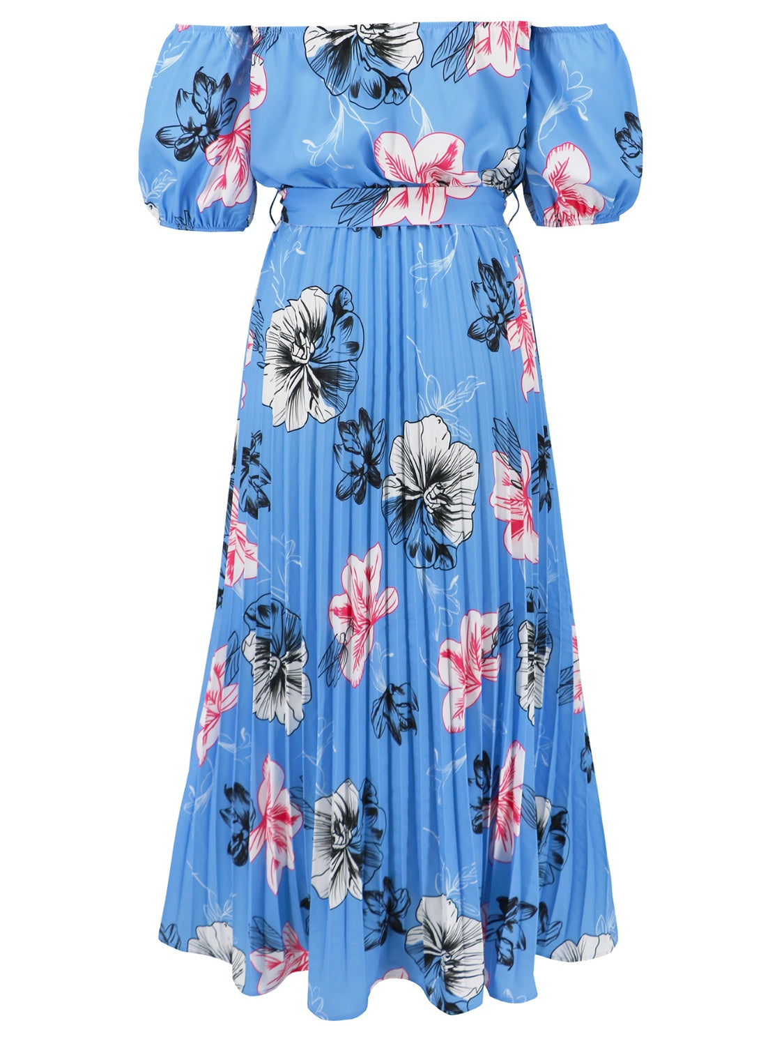 Pleated Floral Off-Shoulder Short Sleeve Midi Dress | A-Line Pleated Dress